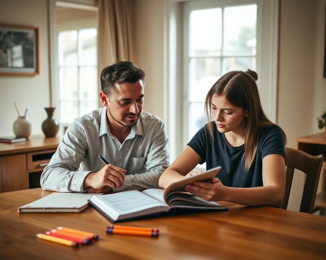 A tutor and a student working together at a kitchen table