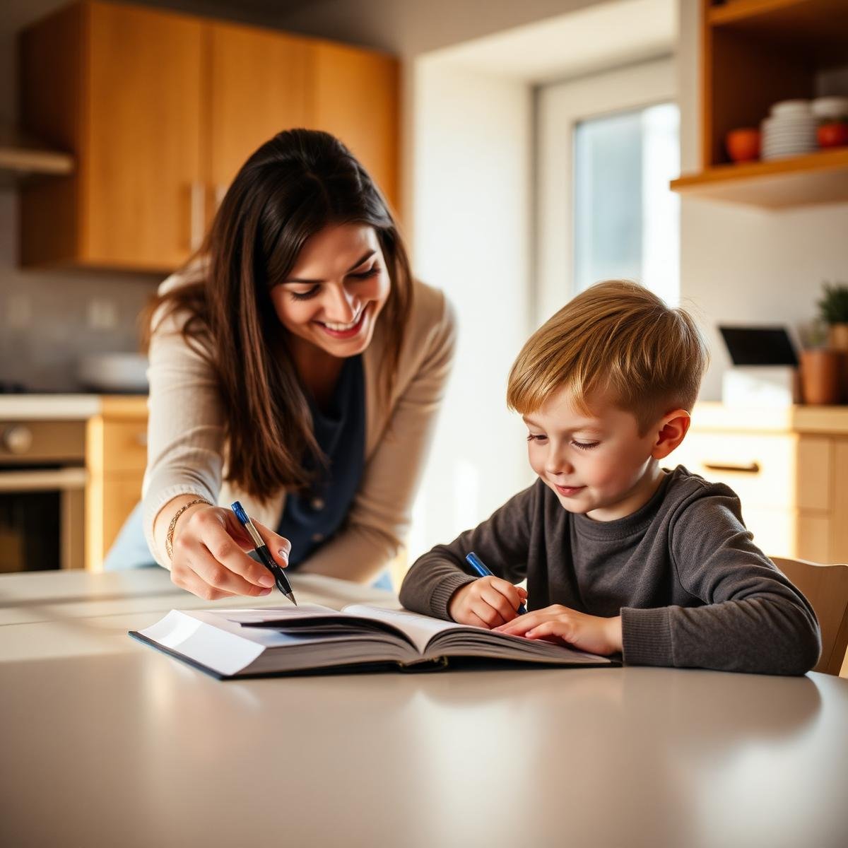 A tutor working through an exercise book with a primary school student at a kitchen table
