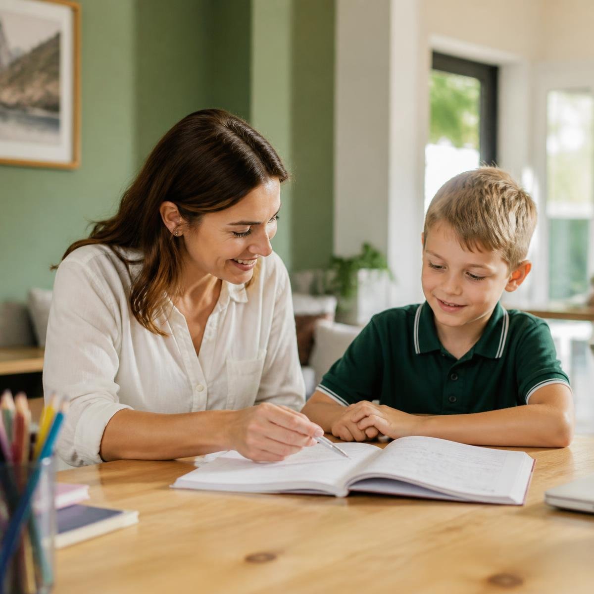 A tutor pointing to a page in an exercise book while a young student looks on, seated together at a wooden table with coloured pencils nearby.